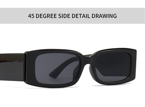 Detailed 45-degree side view of black rectangular sunglasses with wide frame temples