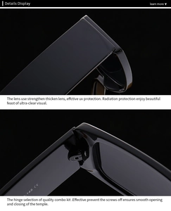Detail of premium hinges and UV protection lenses on modern square sunglasses