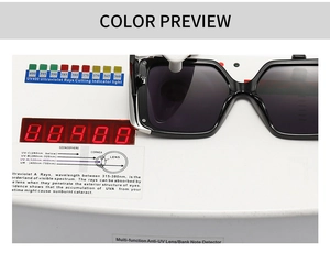 Black cat-eye sunglasses undergoing UV400 protection test on professional measuring device