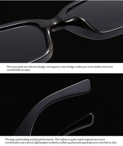 Detail of integrated nose pads and ergonomic glossy temples of black square sunglasses