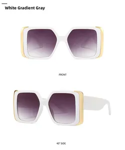 Front and 45-degree side views of white square cat-eye sunglasses with purple gradient lenses