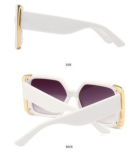 Detailed side and back views of white square sunglasses with gold accents and gradient lenses