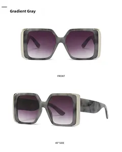 Front and 45-degree side view of square marble texture sunglasses with purple gradient lenses