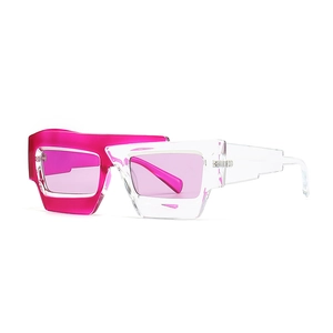 Lunettes de soleil polygonales bicolores rose et transparent avec verres teintés roses