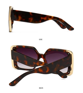 Side and back view of tortoiseshell square sunglasses with gold metal accents