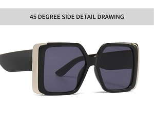 Detail view of square cat-eye sunglasses with black frame and metallic side accents