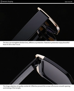 Detail view of black square sunglasses with reinforced gold hinges and UV protection lenses