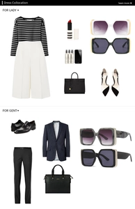 Flat lay of modern square cat-eye sunglasses with fashion accessories for lady and gent