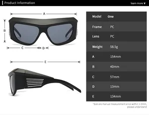 Detailed size chart and specifications for black oversized cycling sports sunglasses