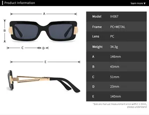 Detailed size chart for retro rectangular sunglasses model IH067 with frame dimensions