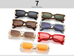 Seven colors of retro rectangular sunglasses with metallic vertical stripes on white