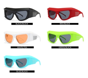 Five color options for futuristic oversized shield sunglasses with sleek side detailing