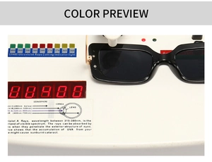 Macro detail of square sunglasses showing UV400 protection testing for UVA and UVB rays