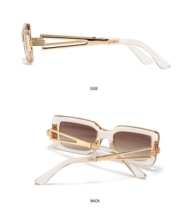 Side and back view of rectangle champagne sunglasses with golden hollow geometric temples