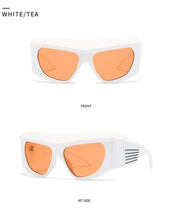 Close-up of white matte oversized frame sunglasses with tea lenses and side stripe detail