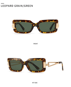 Retro leopard print rectangle sunglasses with dark green lenses and gold metal accents