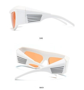 Side and back views of white futuristic sports sunglasses with vibrant orange lenses