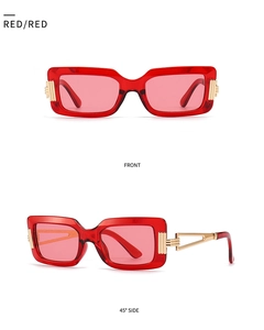 Front and side view of red rectangular sunglasses with gold metal decorative details