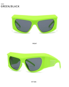 Front and 45-degree side view of futuristic green oversized frame sunglasses