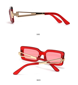 Macro side and back views of red square sunglasses with golden hollowed metal temples