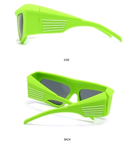 Detailed side and back views of fluorescent green futuristic wraparound sunglasses