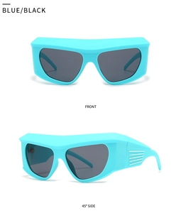 Detailed front and side view of matte sky blue futuristic wrap-around sunglasses