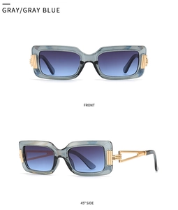 Front and 45-degree side views of rectangular grey sunglasses with blue gradient lenses