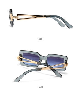 Detail view of square frames with gold hollow temples and gradient lenses on sunglasses