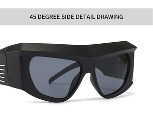 Detailed 45-degree macro view of oversized black cycling sunglasses with side stripe accents