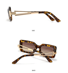 Detail of tortoise frame square sunglasses with hollow golden metal temples and gradient lens