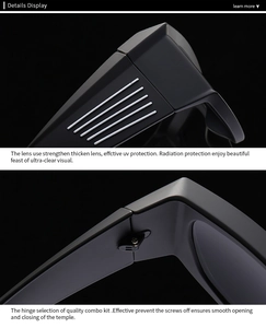 Close-up of durable metal hinges and thick UV protection lenses on black oversized sunglasses