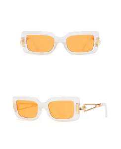 White rectangular sunglasses with yellow lenses showing front and 45-degree side views