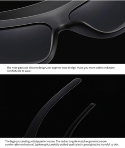Detail view of ergonomic silicone nose pads and anti-slip legs on black sunglasses