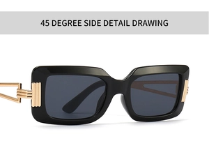 Detail of black square sunglasses featuring gold metal trim and hollow geometric temples