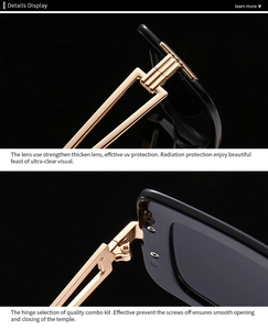 Detail display of golden hollow metal temples and sturdy hinge on trendy sunglasses