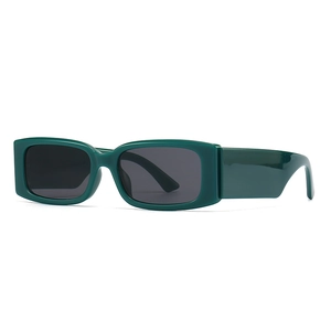 Modern rectangle sunglasses in dark green finish with retro wide arms and grey lenses