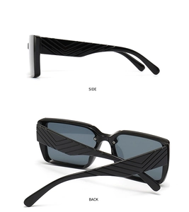 Side and back view of black square sunglasses with textured wide temples on white background
