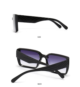 Detailed side and back view of black square sunglasses with purple gradient lenses