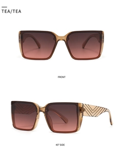 Detailed front and side views of square tea-colored sunglasses with gold geometric V-hinge