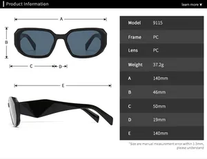 Detailed size chart for retro rectangle sunglasses with PC frame and lens measurements