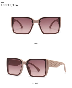 Detailed front and side views of square sunglasses with gradient lenses and textured V-temples
