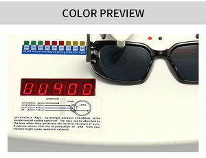 Detailed UV400 protection test showing professional lens filtration on square sunglasses