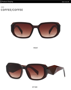 Detail view of coffee brown geometric sunglasses with gradient lenses and angular temples