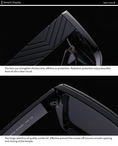 Detail view of durable sunglasses hinge and thick UV400 lens with sleek geometric arms