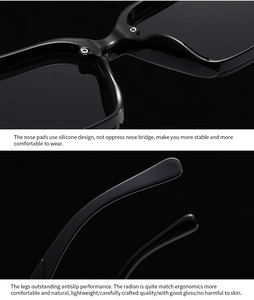 Detail of ergonomic silicone nose pads and non-slip temples on black glossy sunglasses