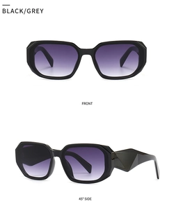 Detail view showing black bold square frame sunglasses with purple gradient lenses