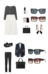 Flat lay of business fashion outfits including striped tops and elegant square sunglasses