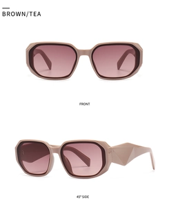 Front and side views of brown square sunglasses with gradient lenses and thick temples