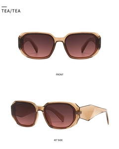Detailed front and side views of tea-tinted square sunglasses with geometric temples