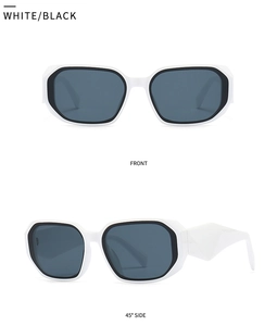 Front and side view of retro white rectangle sunglasses with dark lenses and geometric temples